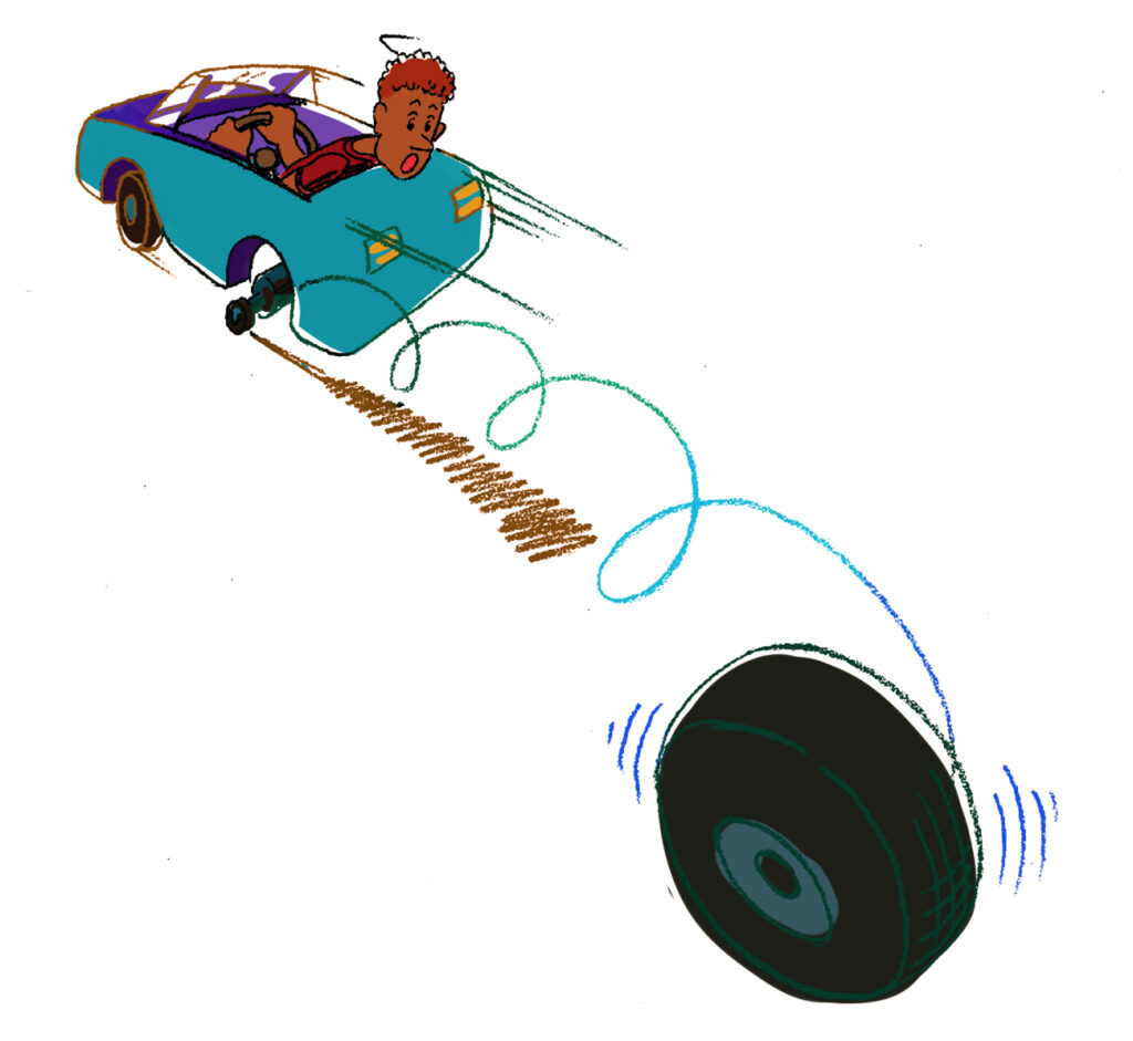 Cartoon: wheel falling off of a car