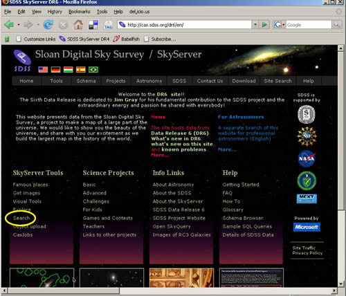Sloan digital sky server web page