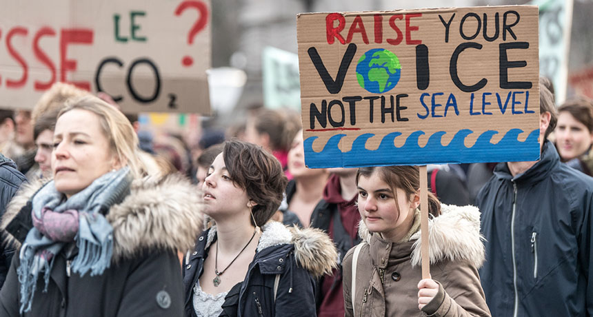 students in Lausanne, Switzerland, marching on February 2, 2019