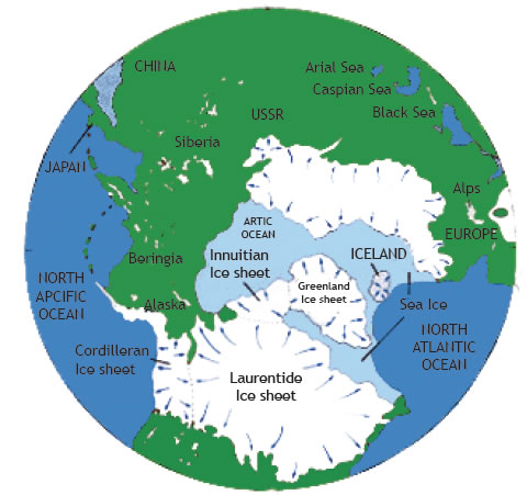 map of Ice sheet over North America, 18,000 years ago.