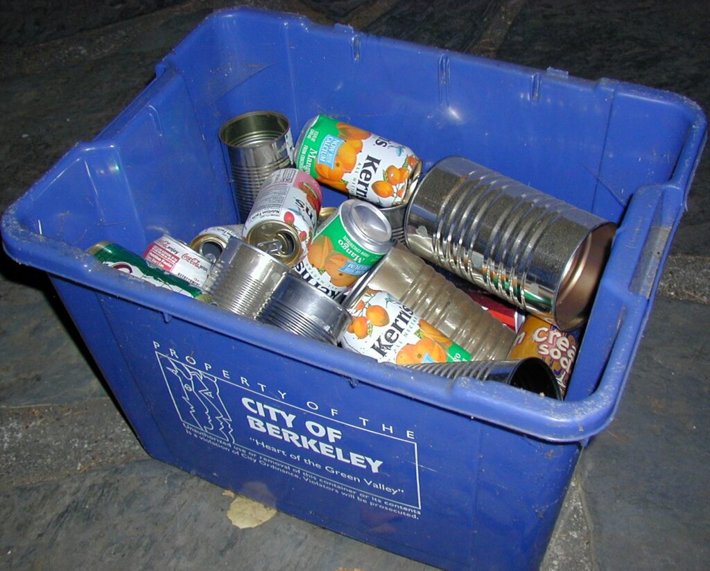 Berkeley recycling bin with cans