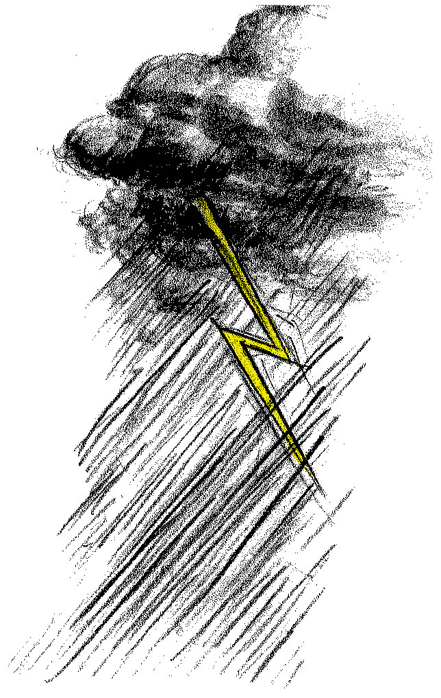 drawing of gray clouds,  rain and lightning