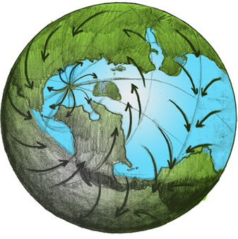 Earth globe with wind patterns from coriolis effect