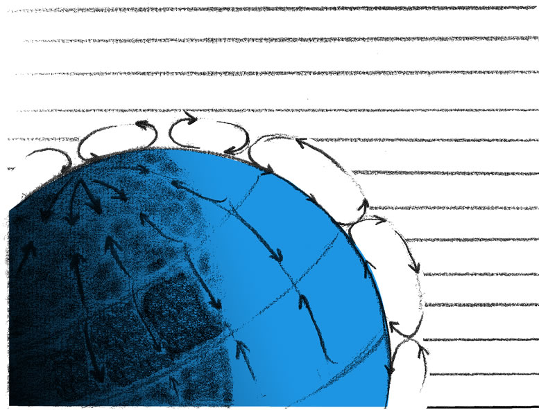 Drawing of earth with sun rays and global convection cells
