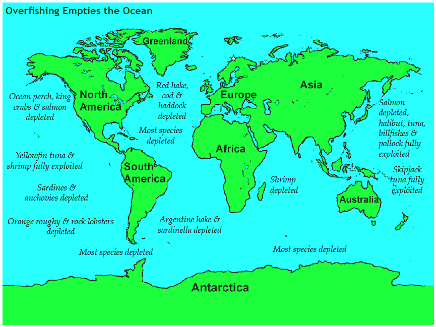 World map showing how Overfishing empties the ocean.