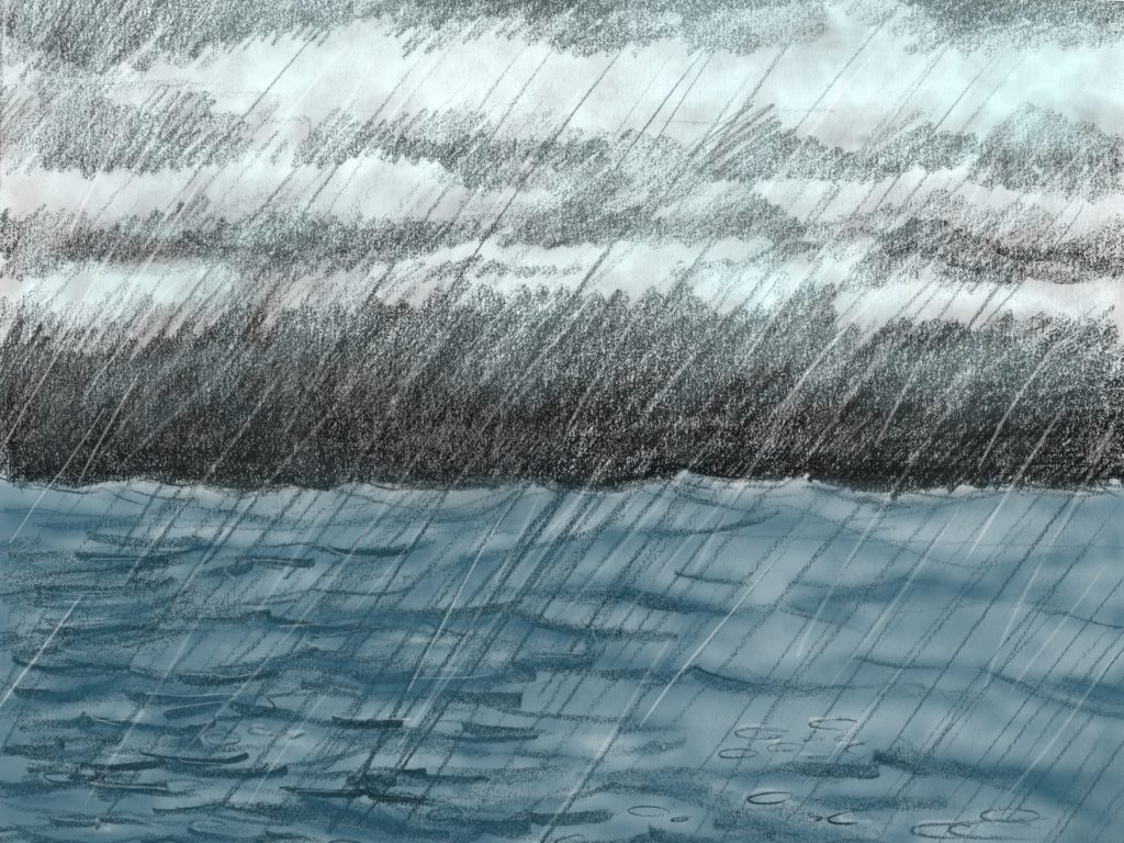 painting of rain on the ocean