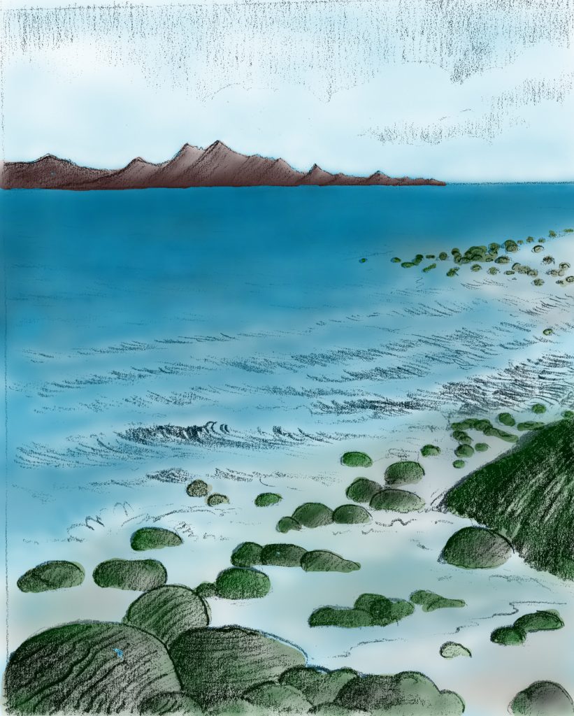 Artist's impression of stromatolites growing in shallow water more than 3 billion years ago