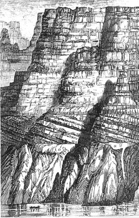 An artist who accompanied Powell drew a picture of the expedition. This sketch shows one of the boats of Powell's expedition, dwarfed by the huge wall of the Grand Canyon. 