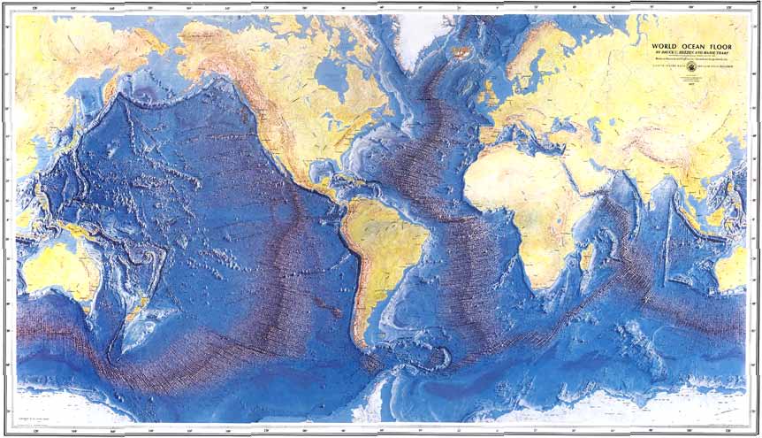 map, first produced by Marie Tharp and Bruce Heezen in 1953, supported Wegener's theory of continental drift, and changed the way scientists view Earth's geologic history. 
