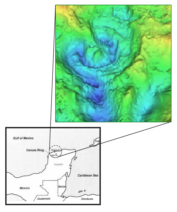 map ofthe region of the Yucatan Peninsula in Mexico where the Chicxulub crater was discovered. 