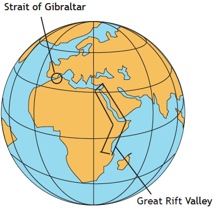 Earth globe showing straits of Gibraltar and the Great Rift Valley in Africa