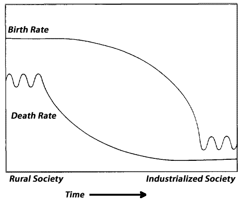 Graph of birth rate & death rate in the transition for rural to industrialized society
