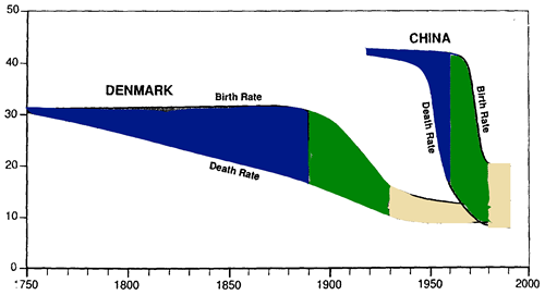 graph comparing birth rates and death rates in Denmark and China