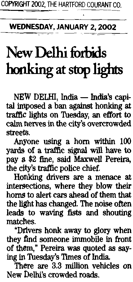 Article about ban on cars honking at stoplights in India