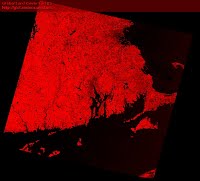 Landsat satellite images with near infrared displayed in red layer