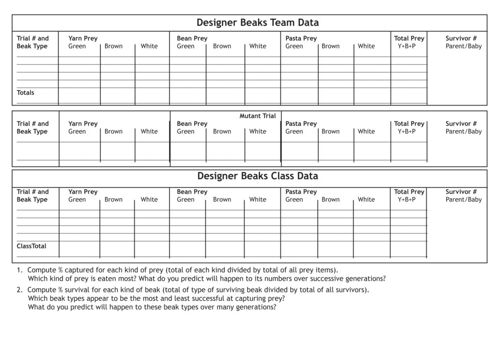 tables, data sheets for designer beaks